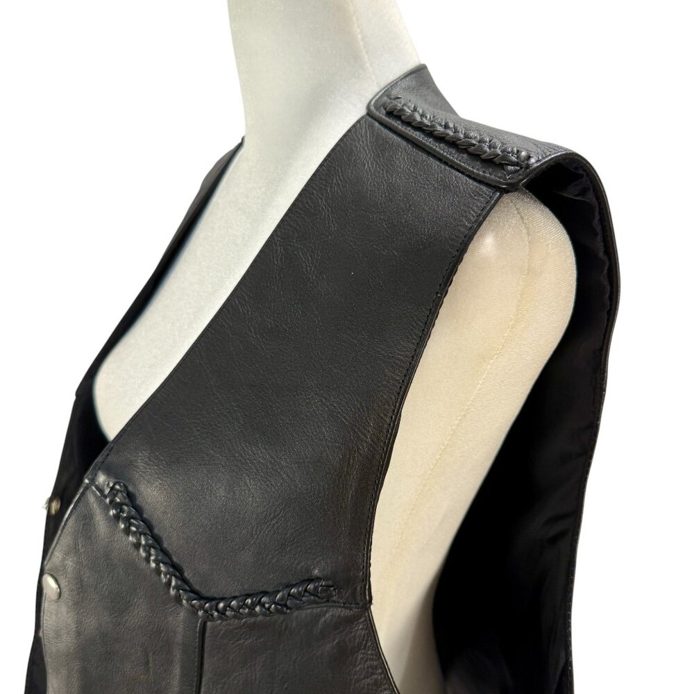 Black Leather Biker Vest with Braided Trim & Lace-Up Sides